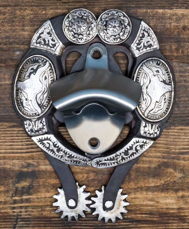 Rustic Western Cowboy Boot Spur With Silver Longhorn Conchos Wall Bottle Opener