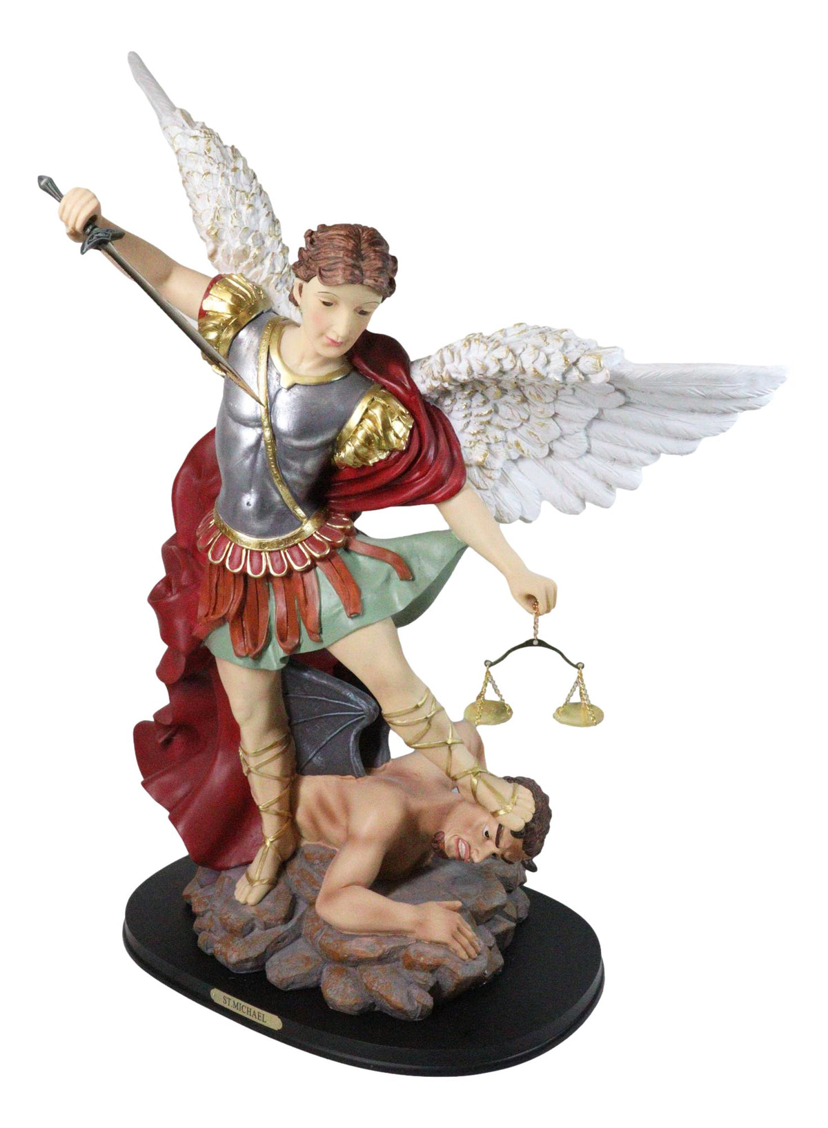 Large Archangel Saint Michael With Judgement Sword Crushing Satan Statue 24"H