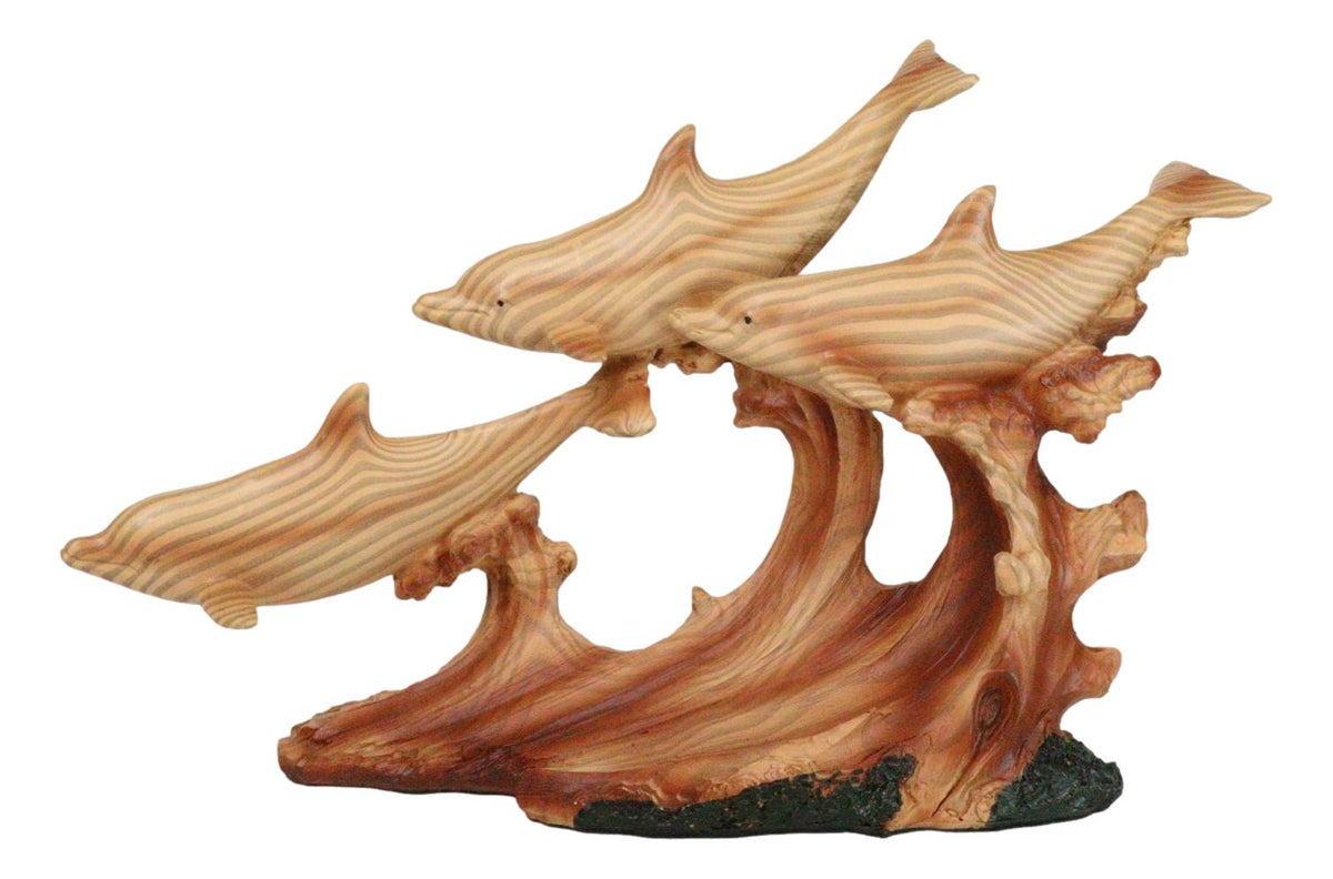 Nautical Marine Sea Ocean 3 Dolphins Swimming With Waves Faux Wood Figurine