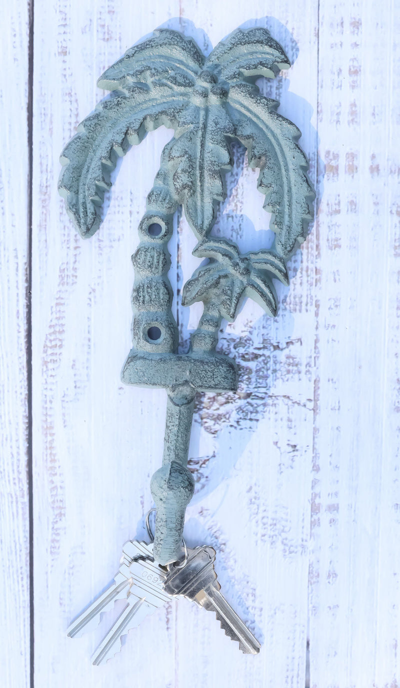 Pack Of 2 Cast Iron Verdigris Tropical Beach Coconut Palm Trees Coat Wall Hooks