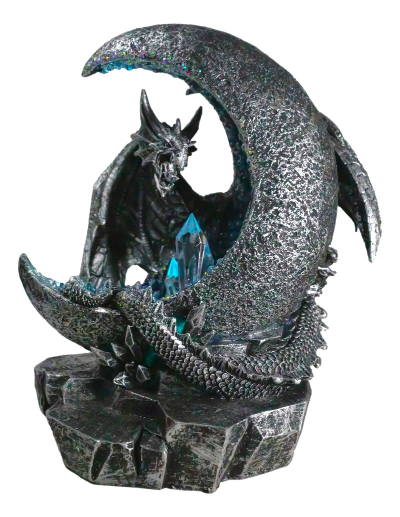 Gothic Dragon Guarding Crescent Moon with Faux Geode LED Crystals Figurine