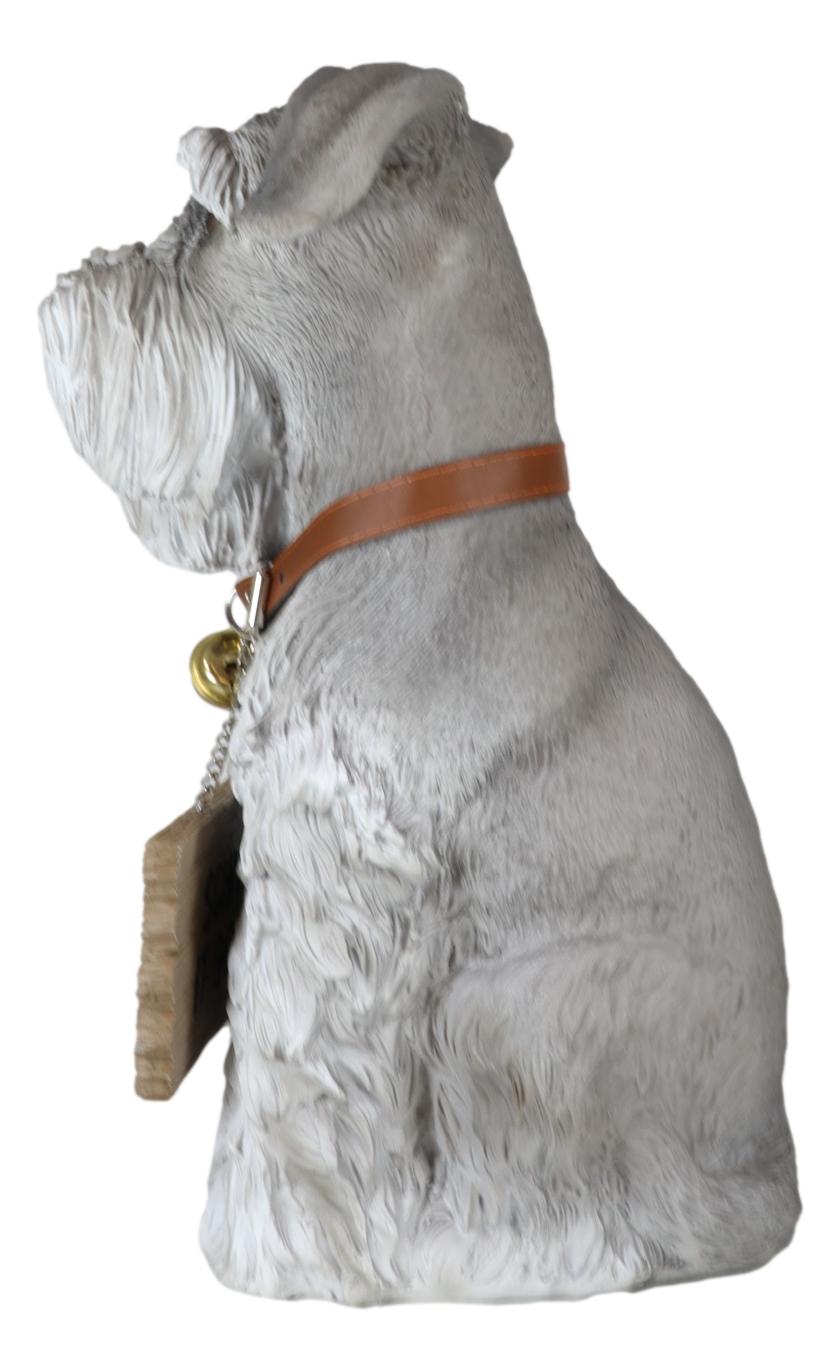 Adorable Grey Schnauzer Dog Sitting With Jingle Collar Greetings Sign Statue - Ebros Gift