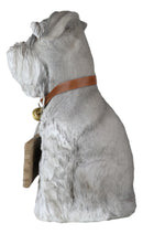 Adorable Grey Schnauzer Dog Sitting With Jingle Collar Greetings Sign Statue