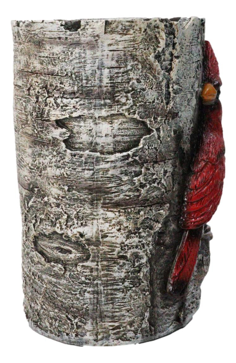 Red Cardinal Faux Birchwood Tree Pillar Candle Holder Rustic Songbird Figurine