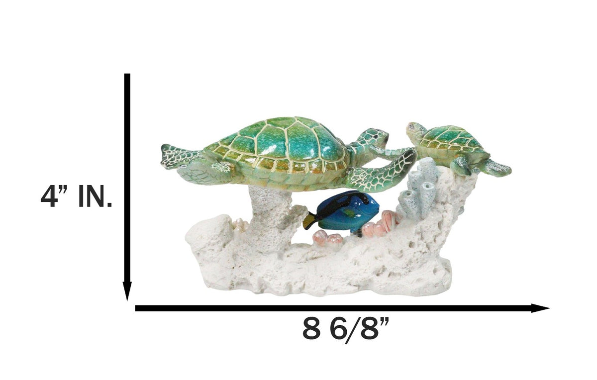 Green Sea Turtles Family Swimming By Coral Reef Sea Anemone Blue Fish Figurine