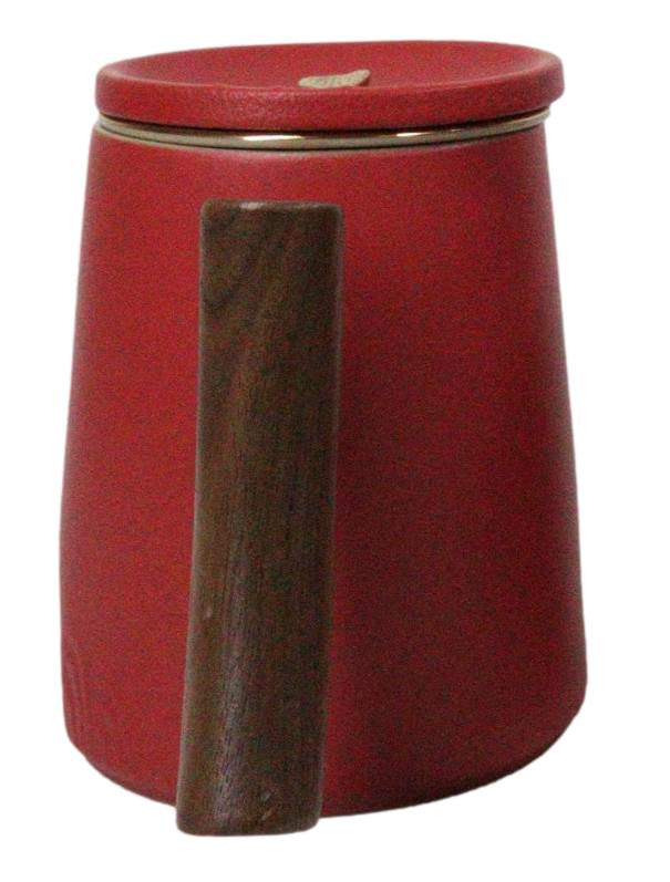 Red 15 Oz Chic Porcelain Tea Mug with Wooden Handle, Lid and Infuser