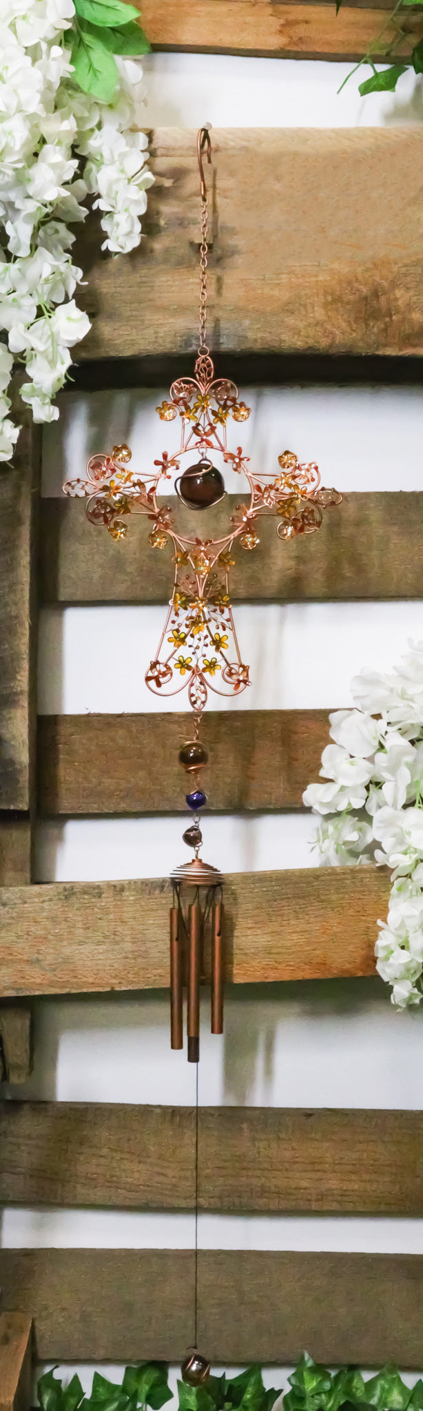 Autumn Floral Gemstones Fleur De Lis Christian Cross Art Glass Metal Wind Chime