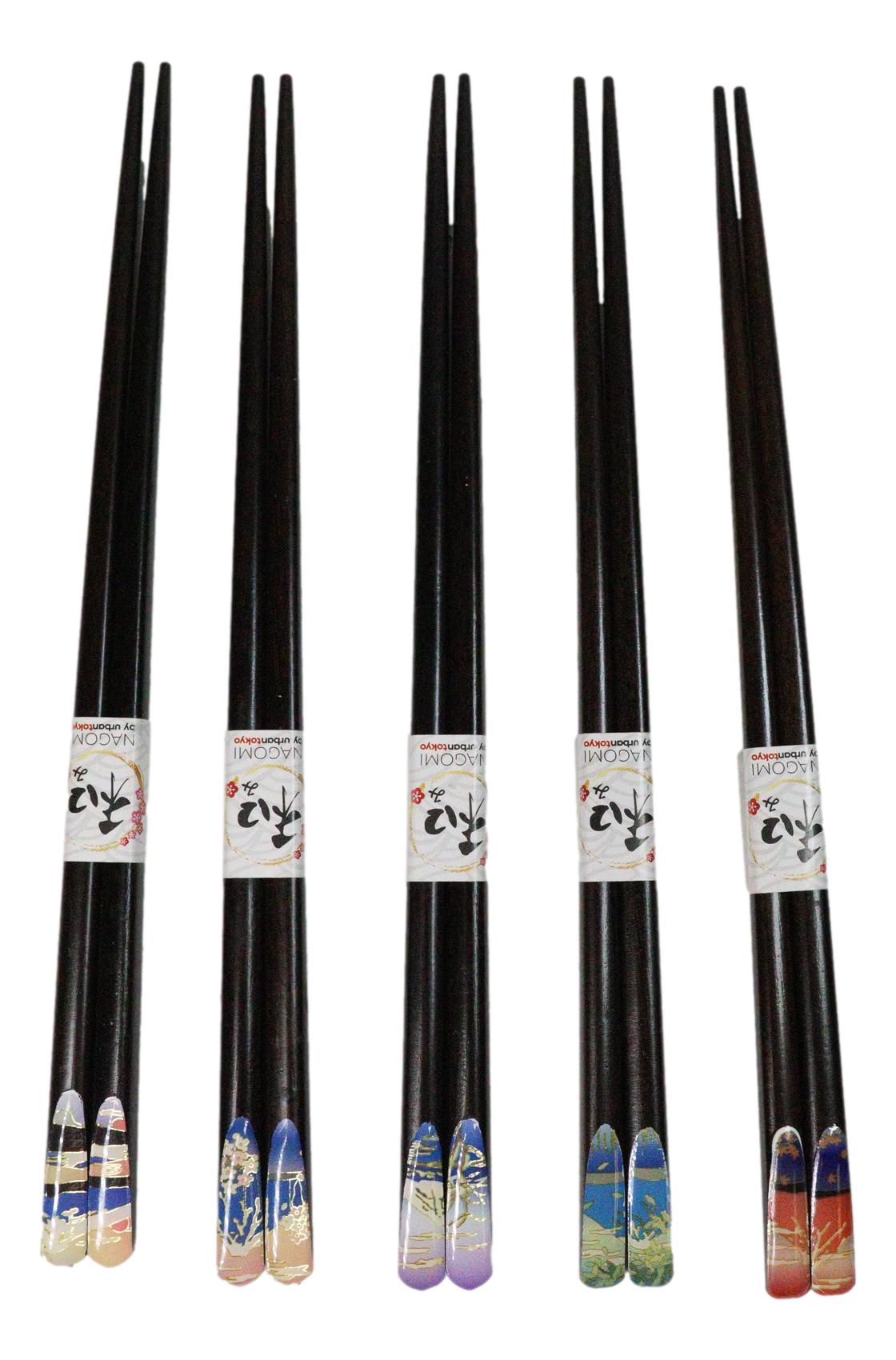 5 Pairs Of Fuji Mountain Miniature Ceramic Rests With Wooden Chopsticks Set
