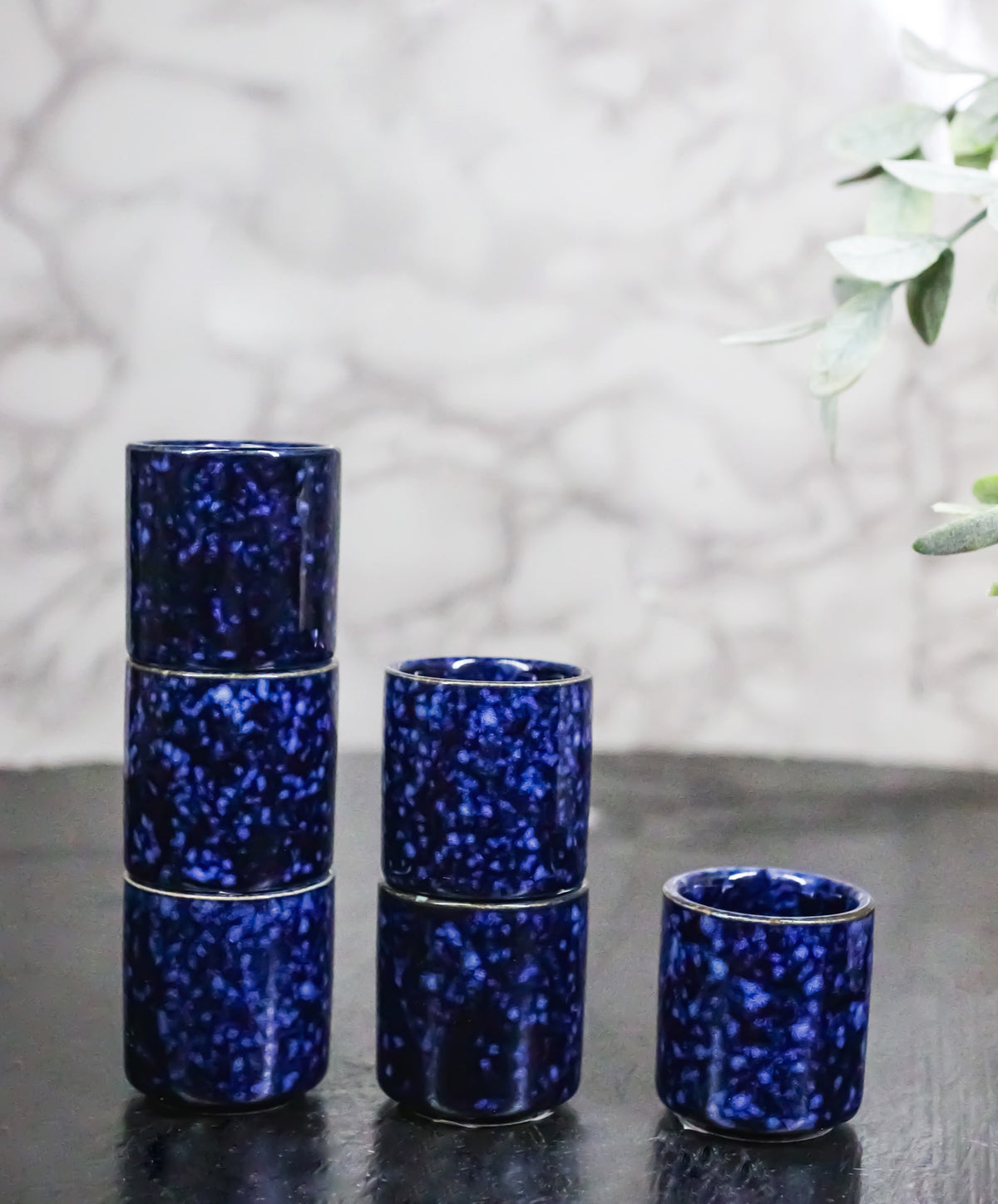 Set of 6 Speckled Indigo Blue Porcelain 1.25oz Ochoko Yuzu Sake Cups