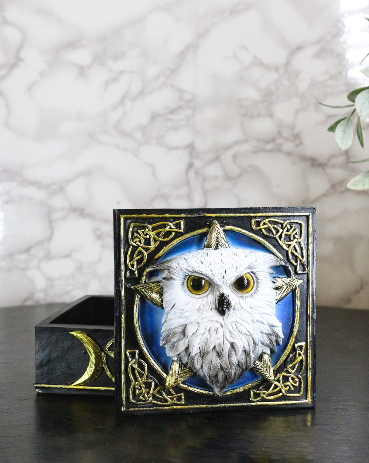 Snowy Owl Trinket Box, 5 x 5 Inch Decorative Keepsake Box with Celtic Knotwork