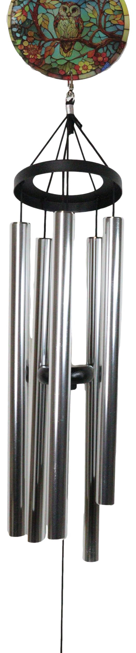 Mystical Great Horned Owl Colorful Art Glass Hanging Wind Chime With Metal Rods