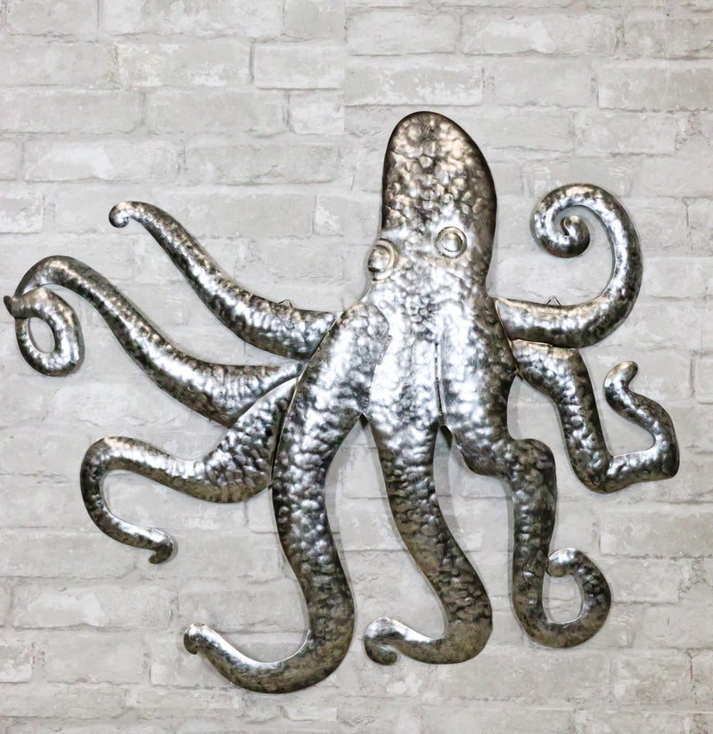 Silver Nautical Marine Deep Sea Octopus Tentacles Metal Wall Decor Plaque 31"L