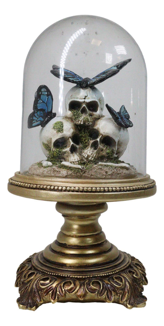 Macabre Skulls Graveyard with Monarch Butterflies in Glass Cloche Figurine