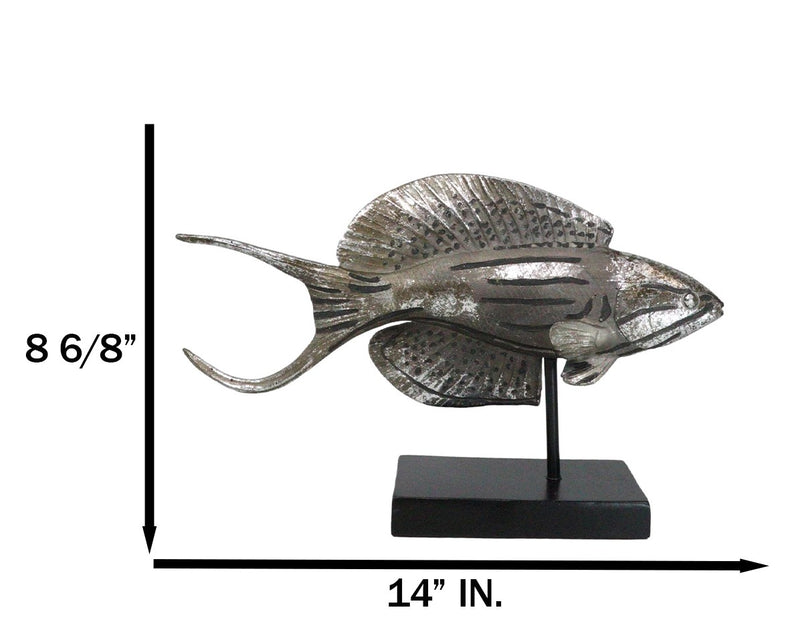 Nautical Marine Silver Tone Anthias Fish Sculpture With Museum Pole Stand Decor