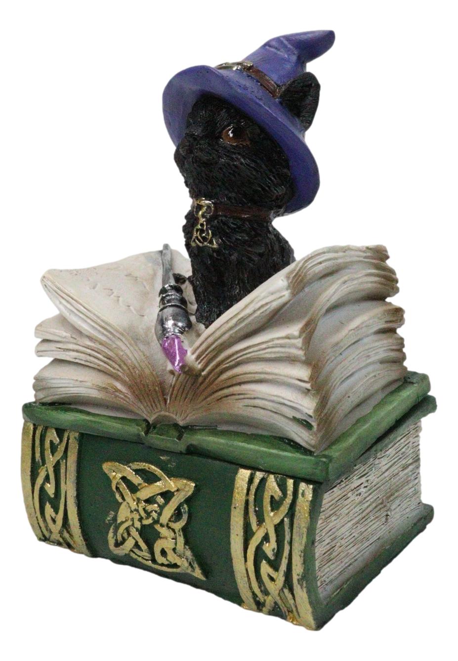Mystical Black Cat with Witch Hat On Green Book of Spells Small Trinket Box
