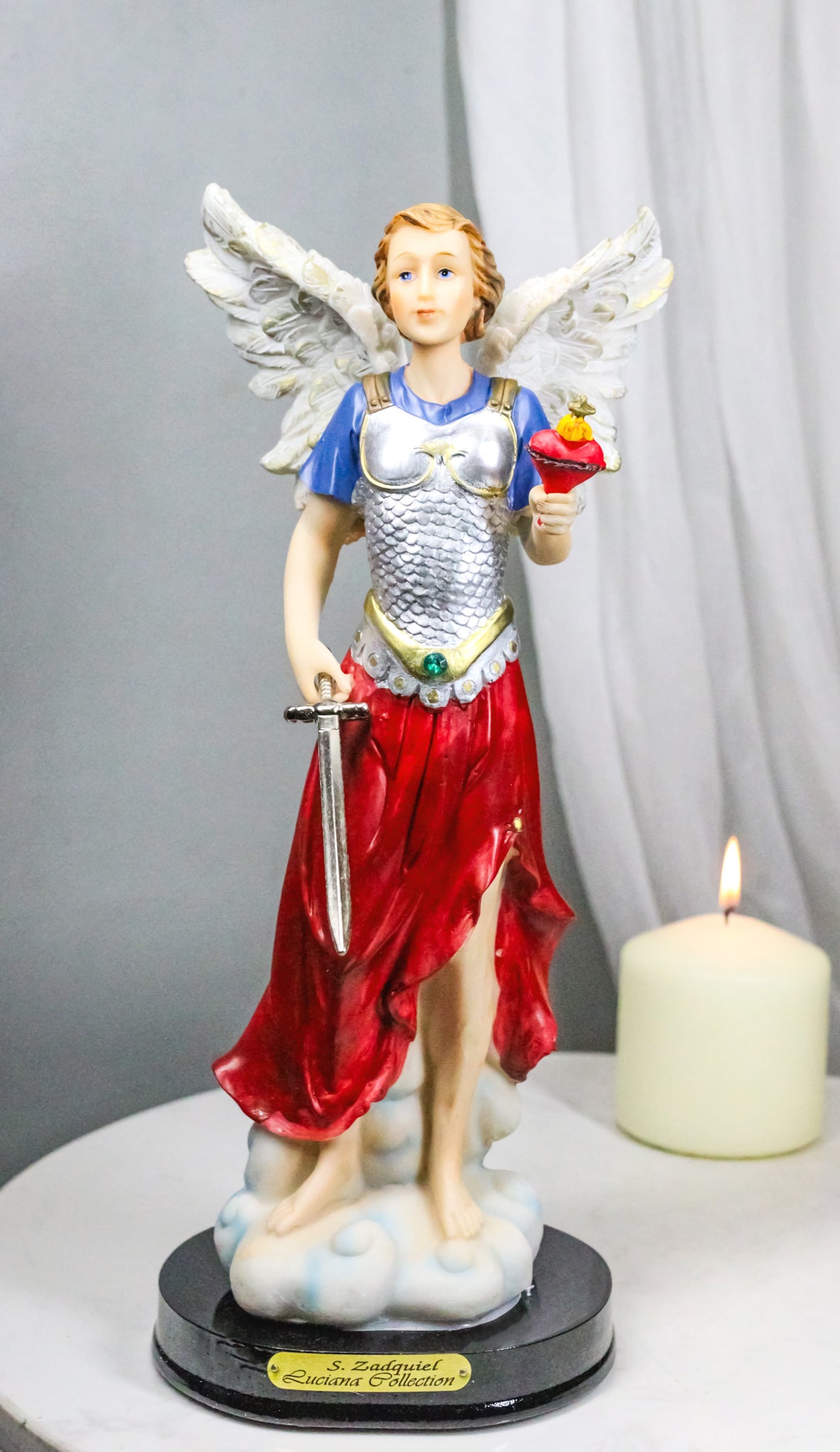 Archangel Saint Zadquiel Holding Dagger Figurine With Base 12" Angel Of Mercy