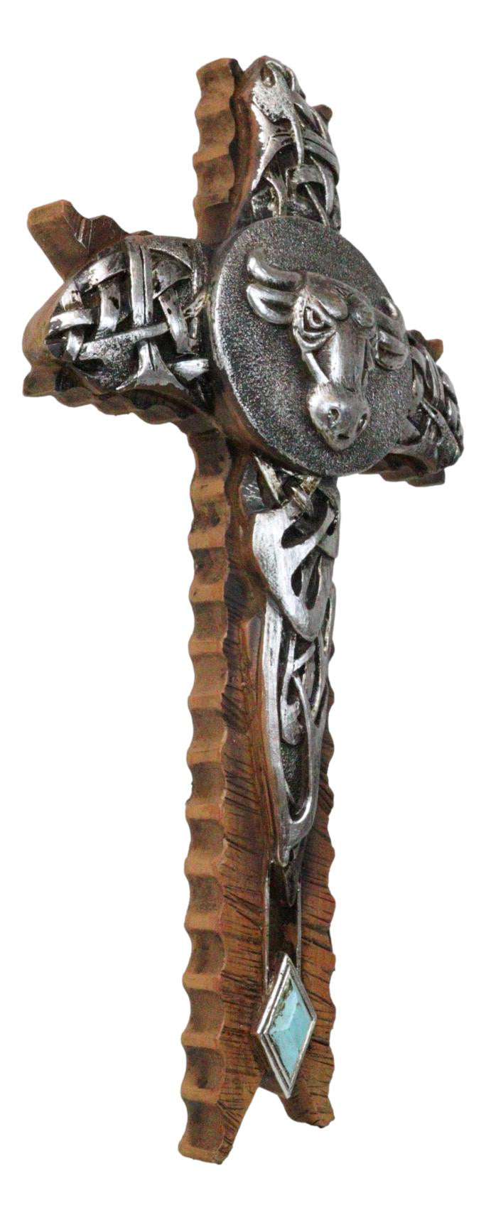 Rustic Western Cowboy Silver Concho Bull Cow With Tooled Knotwork Wall Cross