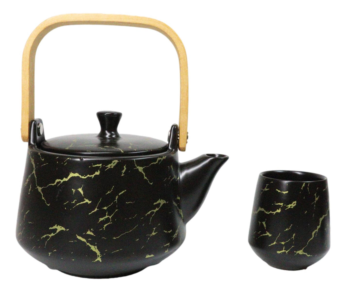 Black Marble Vein Porcelain 22oz Teapot And 2 Tea Cups With Bamboo Tray Set