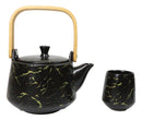 Black Marble Vein Porcelain 22oz Teapot And 2 Tea Cups With Bamboo Tray Set