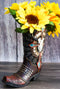 Western Cow Skull Turquoise Cross and Barbed Wires Cowboy Boot Vase Figurine