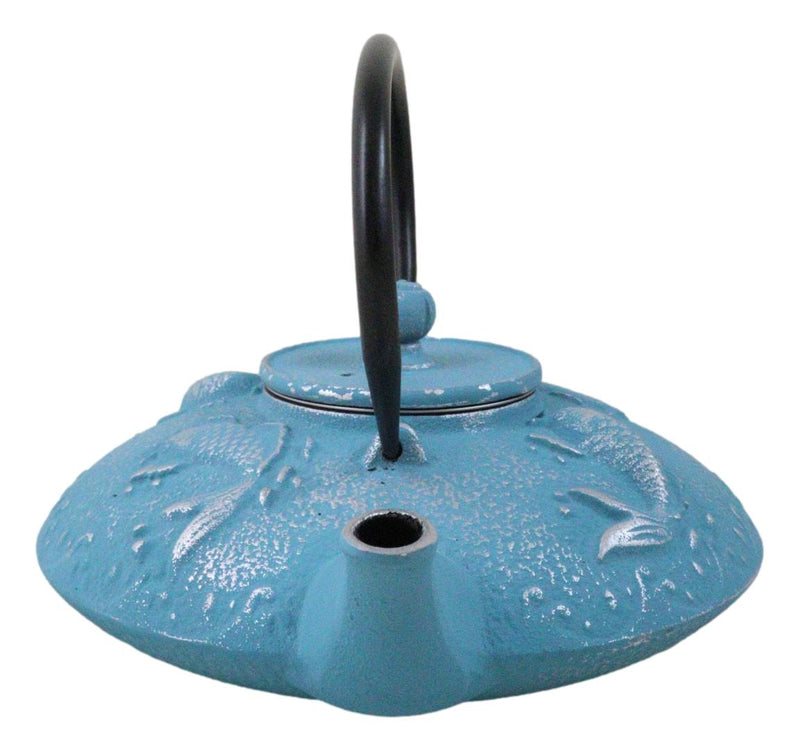 Turquoise Blue Auspicious Koi Fishes Cast Iron Tetsubin Teapot With Enamel Liner