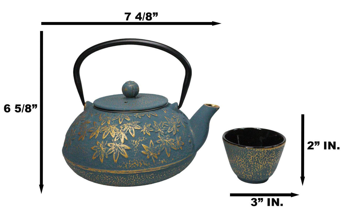 Maple Leaves Momiji Design Blue Tetsubin Cast Iron Tea Pot With 4 Cups Set 37oz