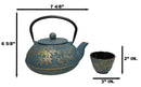 Maple Leaves Momiji Design Blue Tetsubin Cast Iron Tea Pot With 4 Cups Set 37oz