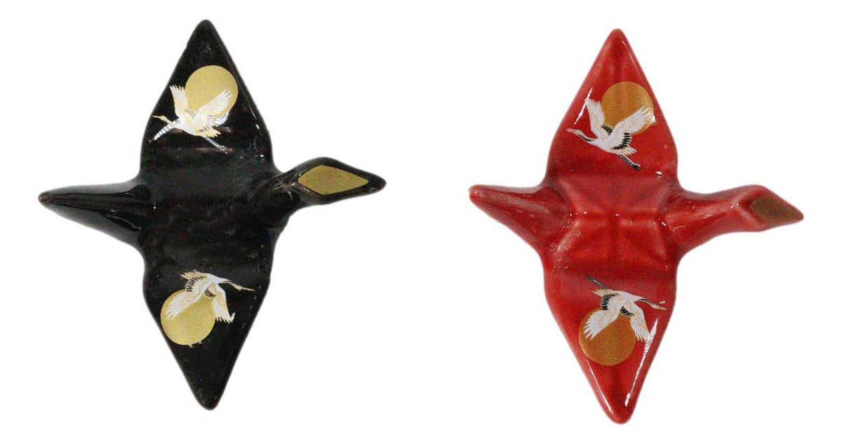 Red And Black Full Moon Cranes Set of 2 Chopsticks And Ceramic Rests Set