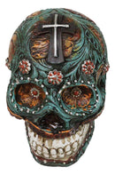 Faux Leather Turquoise Floral Scrollwork with Layered Cross Skull Money Bank