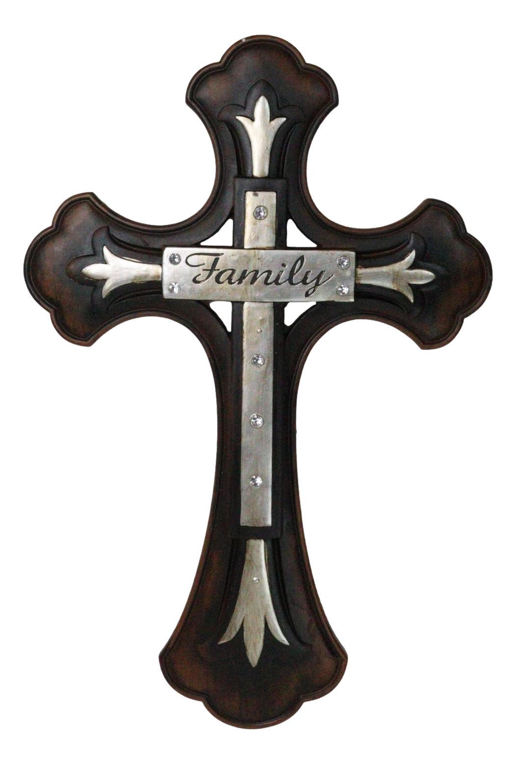 Large 19" H Faux Wooden Family Fleur De Lis French Lily Motif Wall Cross Decor