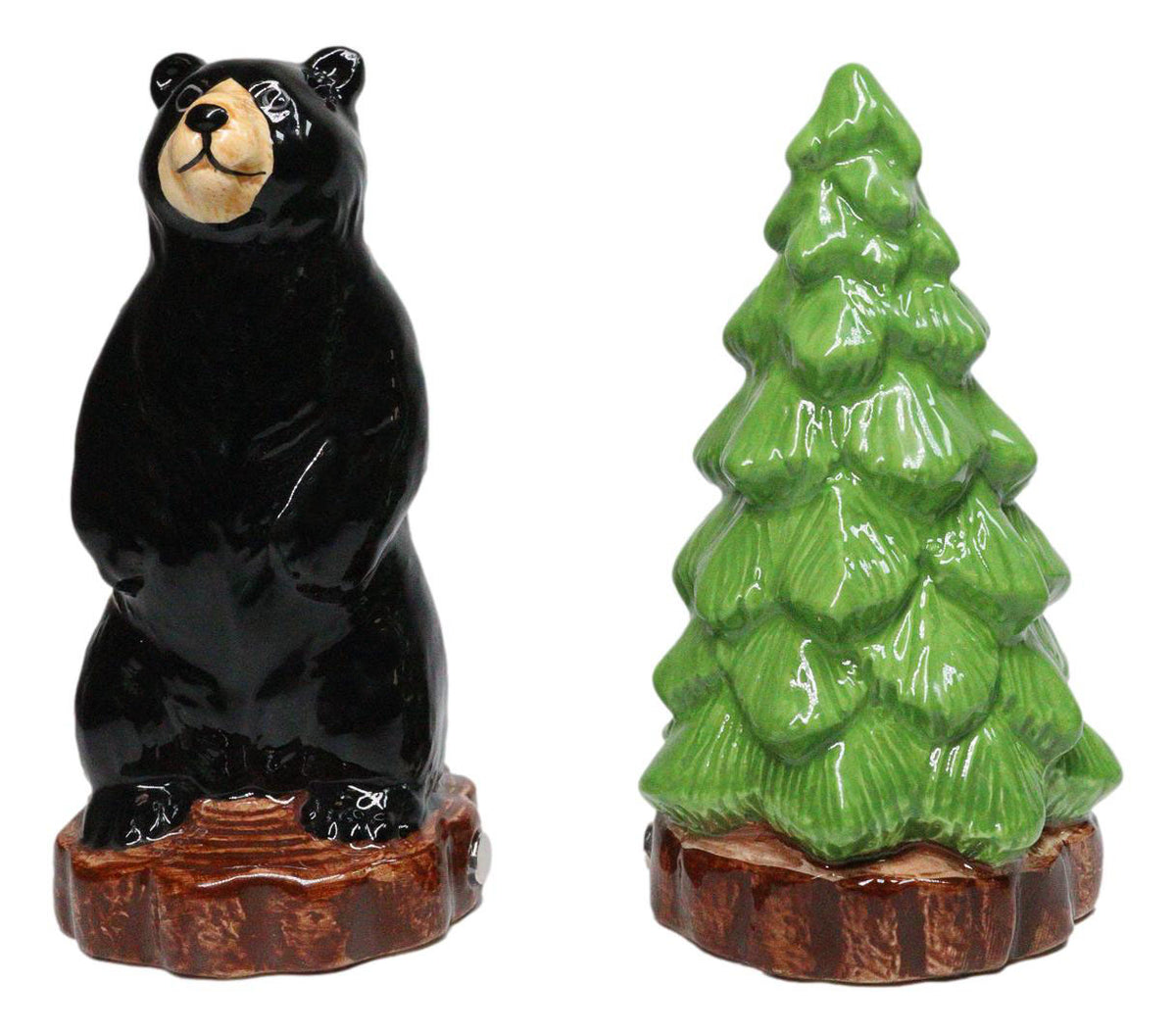 Wildlife Rustic Forest Black Bear And Pine Tree Ceramic Salt Pepper Shakers Set