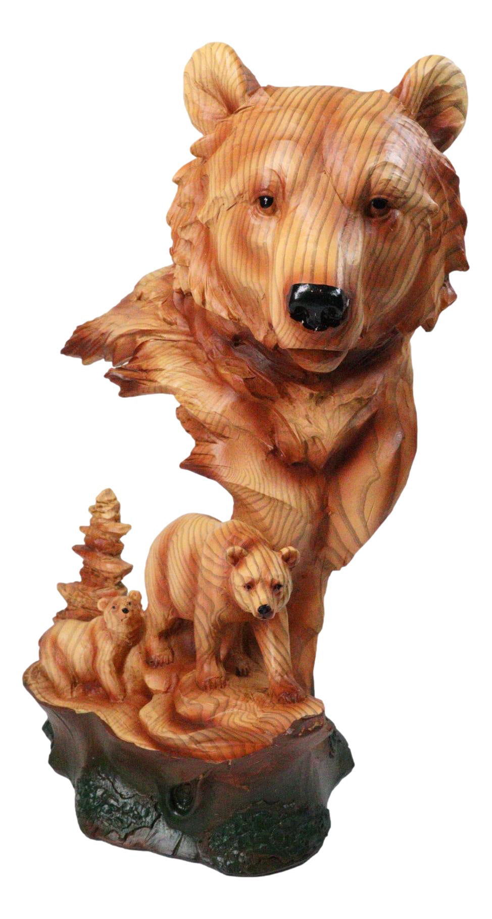 Bear Head with Cub Family Figurine Faux Wood Carved Look Black Bear Statue