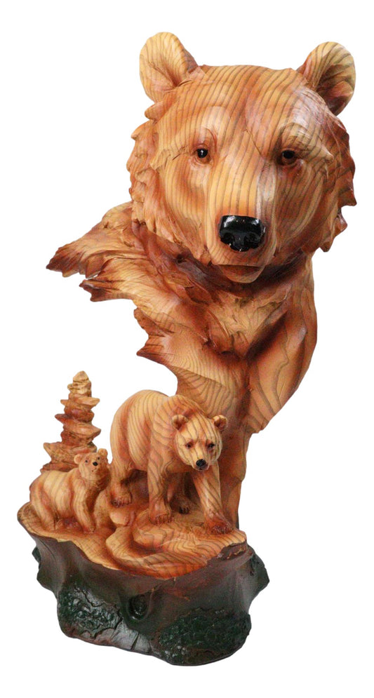 Bear Head with Cub Family Figurine Faux Wood Carved Look Black Bear Statue