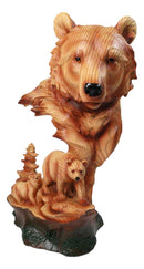 Bear Head with Cub Family Figurine Faux Wood Carved Look Black Bear Statue