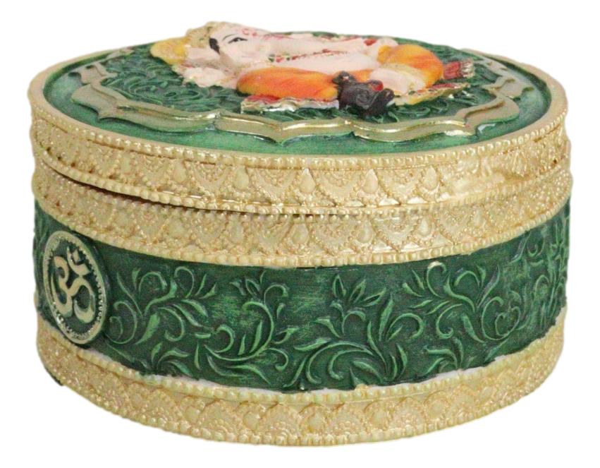 Ganapati Lord Ganesha Mandala Flower And Ohm Sign Decorative Round Trinket Box - Ebros Gift