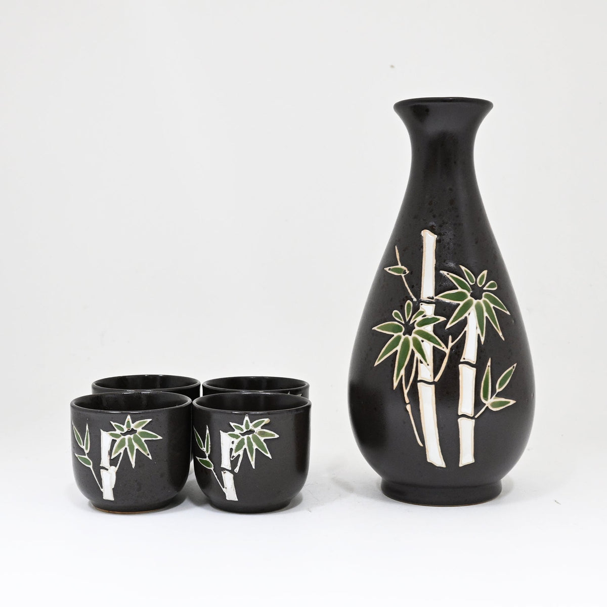 Charcoal Grey Bamboo Forest Porcelain Sake Carafe Flask And 4 Ochoko Cups Set