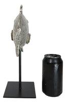 Nautical Marine Silver Tone Clown Triggerfish Fish Sculpture On Metal Pole Stand
