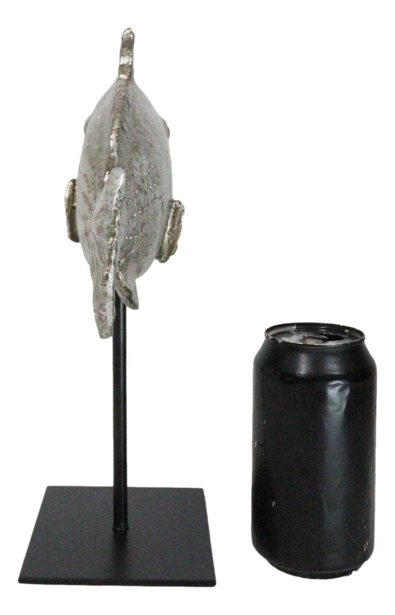 Nautical Marine Silver Tone Clown Triggerfish Fish Sculpture On Metal Pole Stand