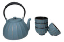 Blue Vertical Lines Design Tetsubin Cast Iron Teapot 33oz And 4 Tea Cups Set