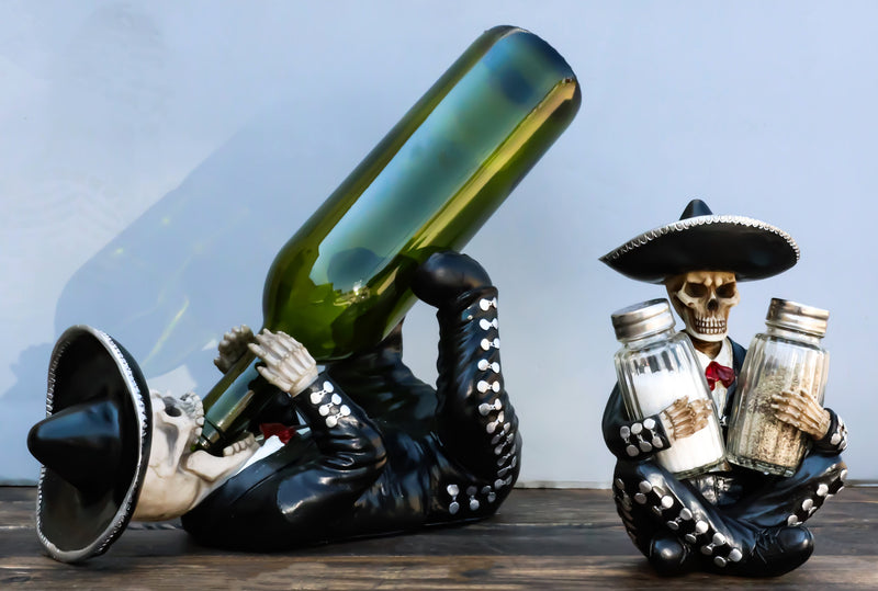 Day Of The Dead Skeleton Mariachi Band Wine And Salt Pepper Shakers Holder Set