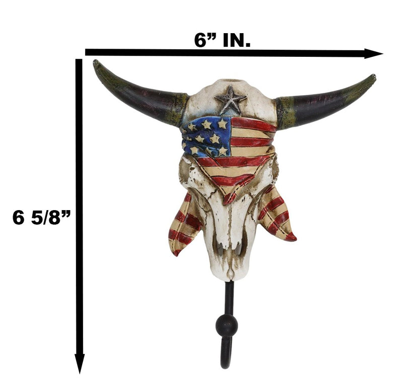 Western Star Patriotic American Flag Cow Skull With Feathers Single Wall Hook