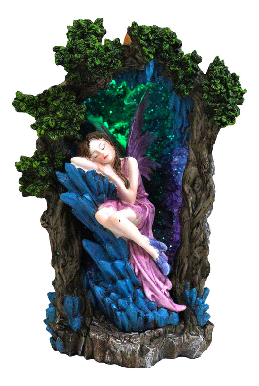 Sleeping Pink Fairy On Blue Crystals Enchanted Tree LED Backflow Incense Burner