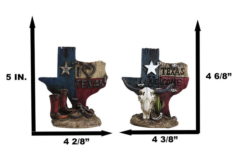 Set Of 2 Western Texas Map Cowboy Boots Cow Skull Horseshoe Cactus Figurines