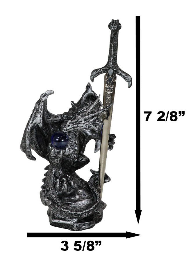 Legendary Silver Sorcerer Dragon Carrying Orb and Sword Letter Opener Figurine
