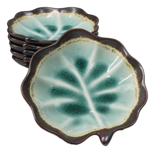 Pack Of 6 Crackle Green Midori Kannyu Ceramic Leaf Shaped Appetizer Salad Plates