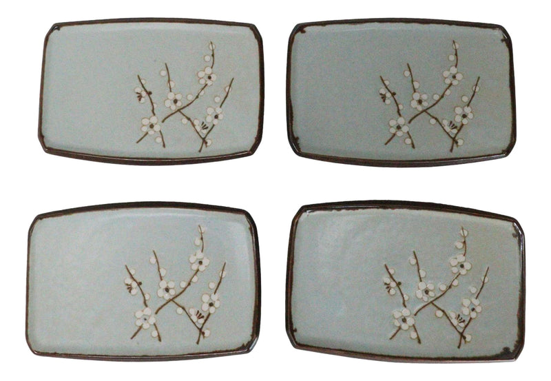 Set Of 4 Japan Made Sakura Cherry Blossoms Porcelain Rectangular Serving Plates