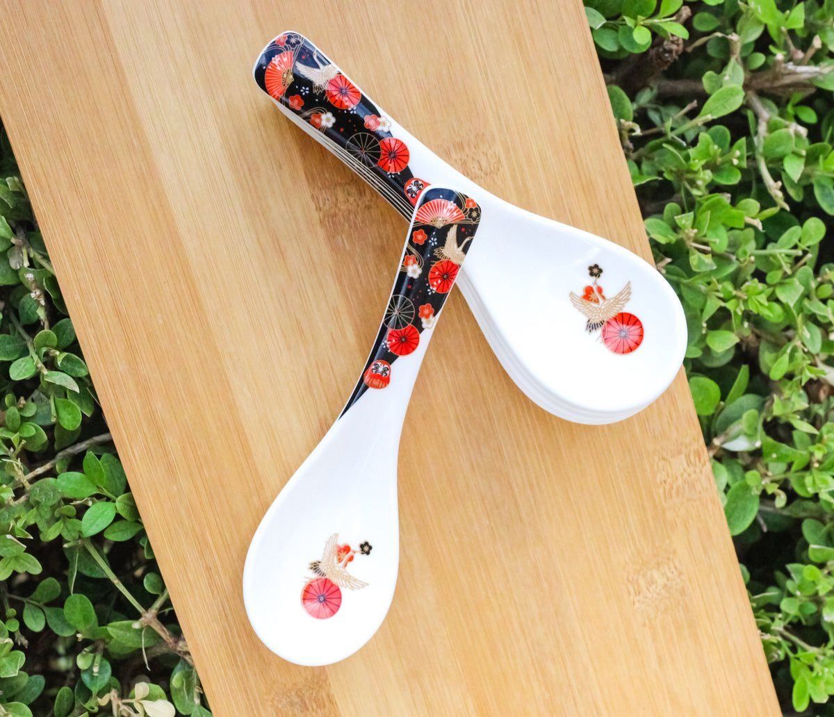 Set of 6 Japanese Crane Porcelain Asian Soup Spoons Japanese Ramen Pho Wonton