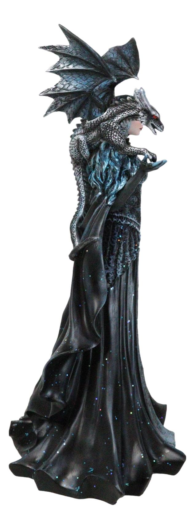 Large Gothic Necromancy Black Dragon Witch Dark Queen In Long Gown Statue