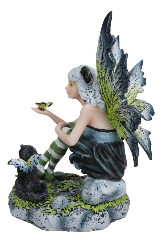 Feline Fairy In Green White Striped Leggings With Black Fae Winged Cat Figurine
