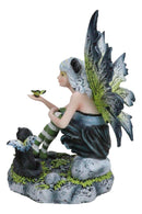 Feline Fairy In Green White Striped Leggings With Black Fae Winged Cat Figurine